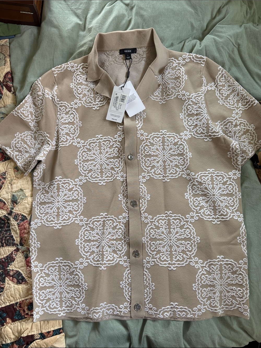 Reiss Beige Short Sleeve Button-Up with White Medallion Pattern